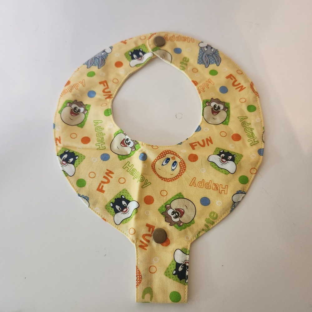LooneyTunes Baby Bib Yellow Tweety Sylvester Taz Closure Handmade suckie holder